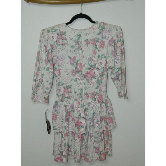 Champagne West Dress Size 3/4‎ Vintage 80s  Ivory Pink Floral Tier Skater Mini - Picture 7 of 12